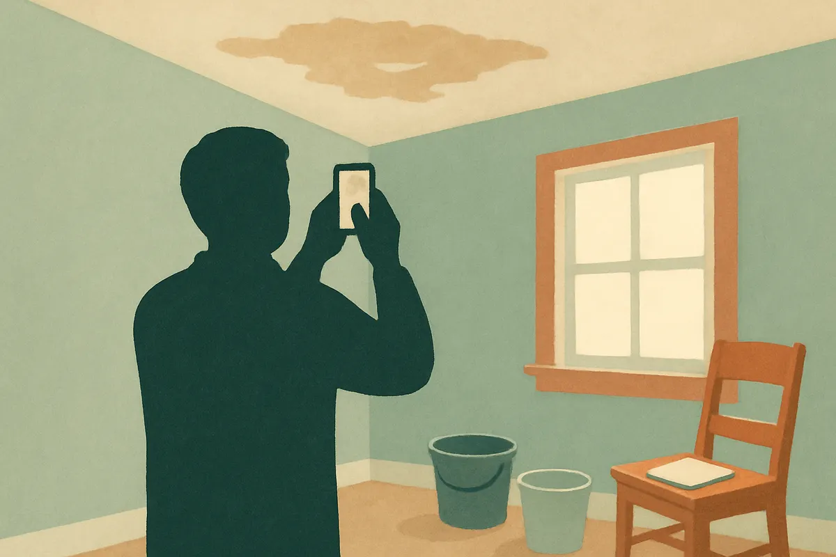 Homeowner photographing water damage on a ceiling with a phone while holding a notebook of claim notes