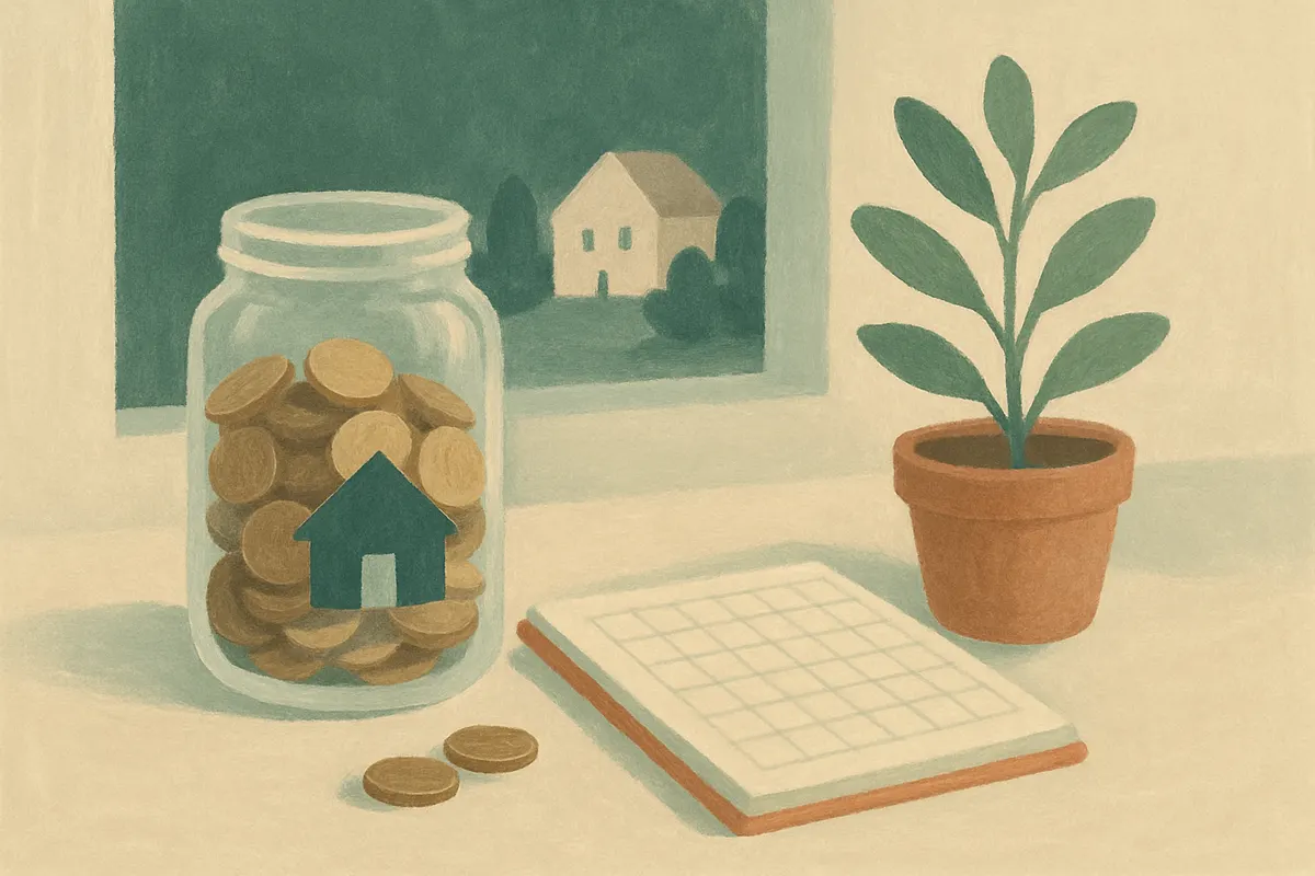 A homeowner at a kitchen table reviewing a notebook of repair costs next to a calculator and a stack of utility bills