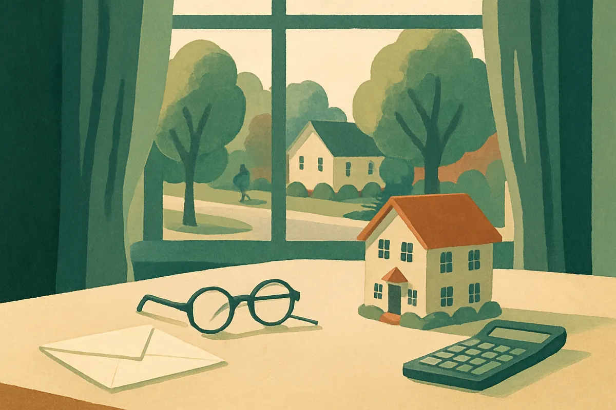 A homeowner at a kitchen table comparing a property tax bill with an assessment notice and a calculator