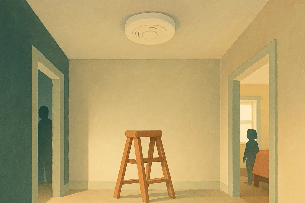 Ceiling-mounted smoke alarm in a hallway outside bedroom doors, with a hand pressing the test button